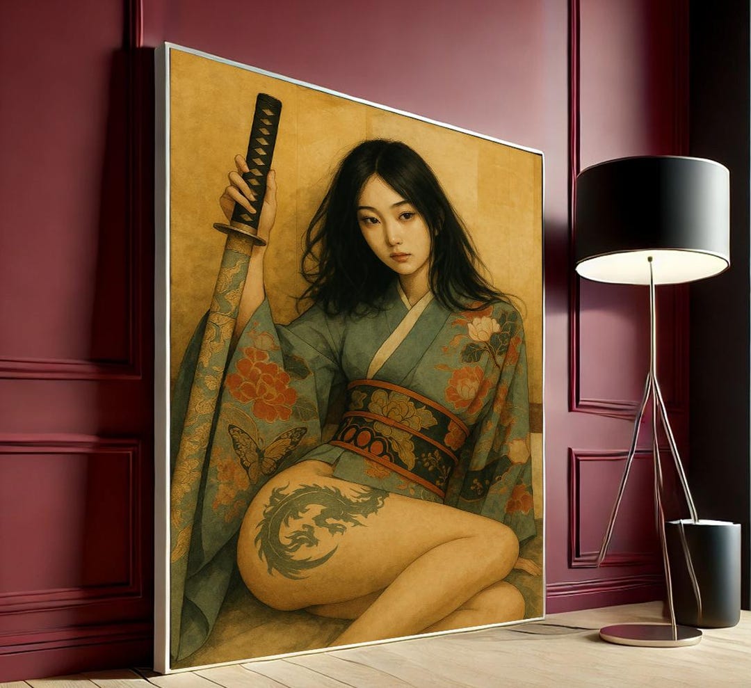 Samurai Geisha Japanese Warrior Woman Print, Katana Girl Canvas Wall ...