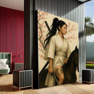 Stampa su tela raffigurante una donna samurai con tatuaggio di drago – Stampa di una guerriera giapponese con fiori di ciliegio, decorazione per la potenza femminile