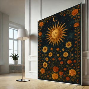 Boho Sun and Moon Floral Canvas Wall Art Print, Celestial Sunflower Art, Spiritual Sun Canvas Wall Art Home Decor