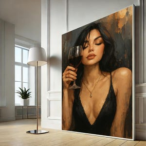 Romantic Wine Woman Art, Elegant Female Canvas Print, Oil Painting Style Wall Decor, Red Wine Poster, Canvas Wall Art, Ready to Hang
