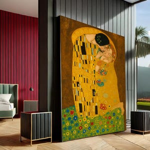 Romantischer Kuss Leinwand Kunst | Gustav Klimt Gemälde für Schlafzimmer | Lebendiges Gold und Blumen Paar Dekor Geschenk