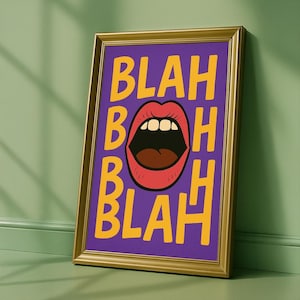 Blah Blah Blah Pop Art Poster, Bold Typography Digital Print, Funny Wall Art, Modern Canvas Wall Art Home Decor
