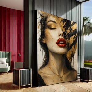 Glamorous Woman Canvas, Bold Red Lips Portrait Print, Luxury Gold Drip Wall Art, Fashion Beauty Poster, Canvas Wall Art, Ready to Hang