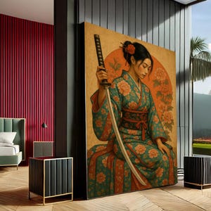 Peaceful Samurai Woman Canvas Wall Art, Floral Kimono Japanese Print, Katana Girl Poster, Canvas Wall Art Print, Ready to Hang, Home Decor
