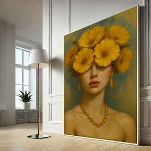 Whimsical Woman with Yellow Flowers Canvas Art | Surreal Portrait Wall Decor for Bedroom | Bold and Elegant Home Accent