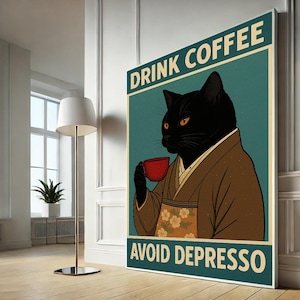 Funny Black Cat Coffee Canvas, Vintage Style Cat Poster, Retro Coffee Wall Art, Kawaii Cat Decor, Canvas Wall Art, Ready to Hang