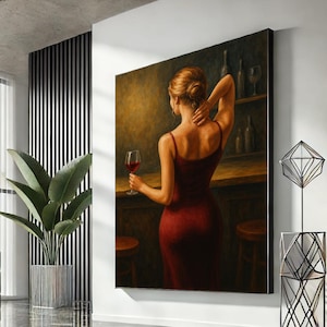 Elegant Woman with Wine Canvas, Romantic Bar Scene Wall Art, Vintage Red Dress Poster, Ready to Hang, Feminine Home Decor