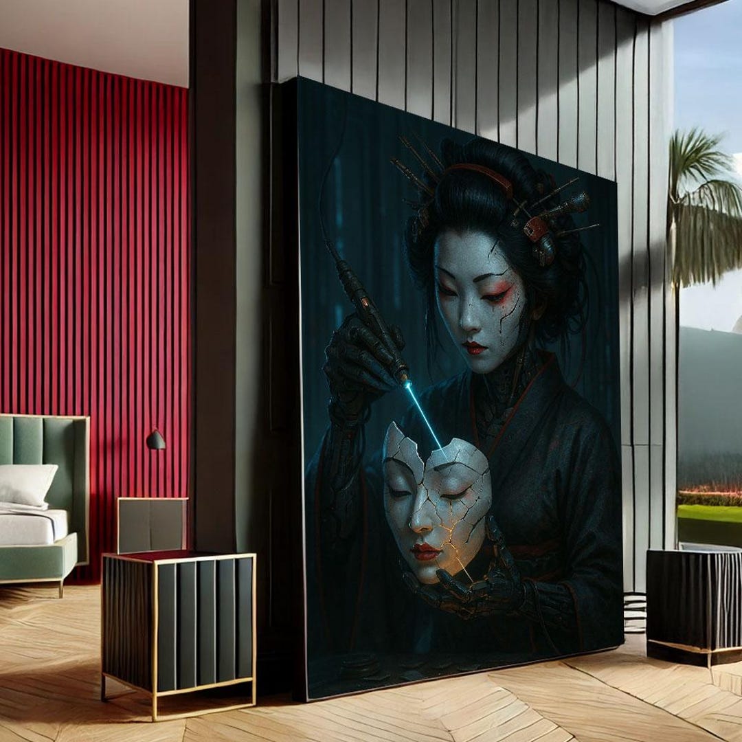 Traditional Geisha Mirror Mysterious Geisha Portrait Canvas Wall Art Print Dark and Elegant ...