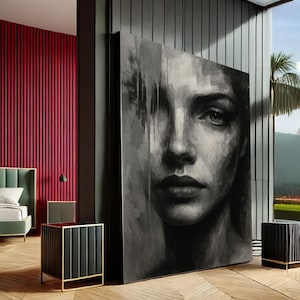 Moody Woman Modern Abstract Canvas Wall Art Print | Black & Grey Living Room Decor | Statement Piece