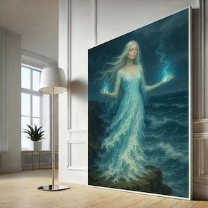 Serene Ethereal Woman and Ocean Canvas | Mystical Blue Fantasy Wall Art for Living Room | Dreamy Whimsical Home Decor Gift