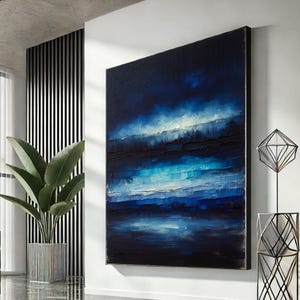 Modern Abstract Blue Ocean Canvas Wall Art Print | Deep Blue Living Room Decor | Statement Piece