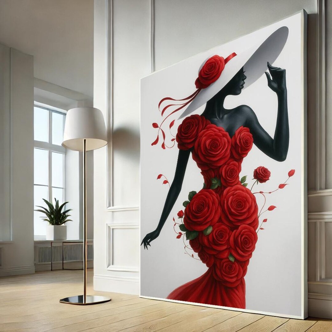 Elegant Black Woman in Red Rose Dress Canvas Wall Art Print | Modern ...