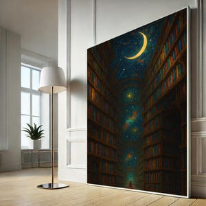 Fantasy Bibliothek Leinwand Wandkunst, Sternenhimmel Mond Poster, Buchliebhaber Geschenk Druck, Kosmische verträumte Kunst, Leinwand Wand Kunst Druck, fertig zum Aufhängen