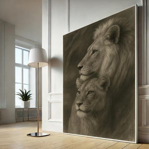 Lion Couple Sepia Canvas Wall Art Print, Majestic Wild Animal Portrait, Safari Style Home Decor