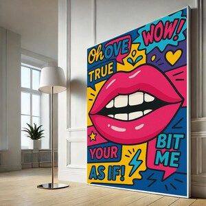 Pop Art Lips Canvas Wall Art Print, Colorful Comic Style Poster, Funky Wall Decor for Teens, Canvas Wall Art Home Decor