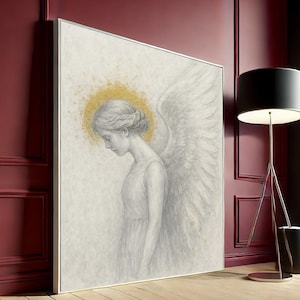 Trauriger Engel Leinwand Wandkunst, Bleistift Skizze Stil Druck, spirituelles Engel Poster, religiöses Kunstwerk, Leinwand Wand Kunst Druck, fertig zum Aufhängen, Dekor