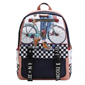 May include: A colorful backpack with a whimsical design. The front features an illustration of a person with a bicycle, flowers, and butterflies. The backpack has a checkered pattern, navy blue accents, and adjustable straps with text.