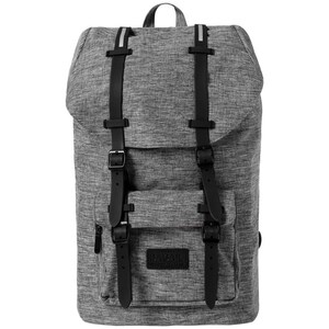 May include: A heather gray backpack with a textured fabric finish, featuring two vertical black straps with adjustable buckles, a top flap closure, and a front pocket. A black rectangular patch with the text BAGAIL is centered on the front pocket.