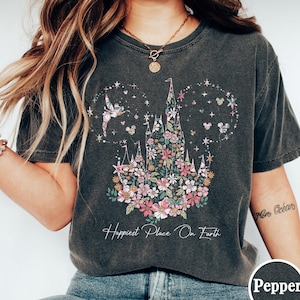 Happiest Place on Earth Shirt, Disney Castle Floral Shirt, Mickey Mouse shirt, Vintage Disney Shirt, Magic Kingdom Shirt, Disneyland Shirt