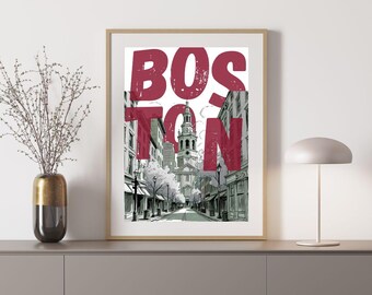 May include: Framed art print featuring a street scene in Boston, Massachusetts, with the city name in large, red letters overlaying the image. The artwork is in black, white, and gray tones, with a gold-colored frame.