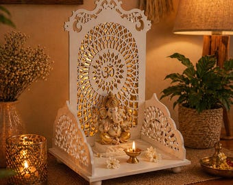 Compact Wooden Mandir for Home | Ganpati Temple Decor | Hindu Puja Mandir | Housewarming Gift | Office Desk Temple | Spiritual Gift