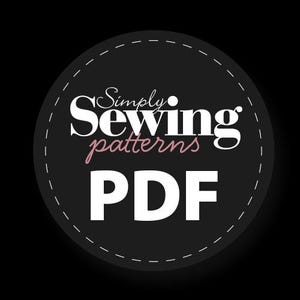 May include: Black and white logo with the text "Simply Sewing patterns PDF" in a circle with a dashed line border.