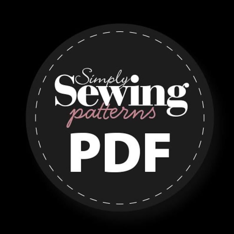 May include: Black and white logo with the text "Simply Sewing patterns PDF" in a circle with a dashed line border.