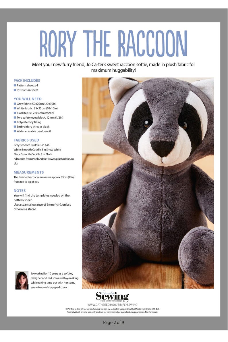 May include: A sewing pattern for a plush raccoon toy. The pattern includes instructions and templates for making a 13-inch tall raccoon. The pattern is from Simply Sewing.