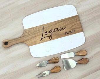Personalized Marble Wood Charcuterie Board, Wedding Gift, Custom Engraved Cheese Board, Housewarming, Closing Gift, Gift for Her