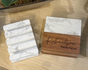 Personalized Marble Wood Coaster Wedding Gift Housewarming Gift Custom Engraved Coaster Set Couple Gifts, Engagement Gift Anniversary Gift