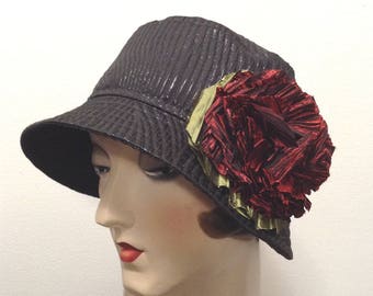 Trina Cloche with fabric flower pin, art deco, flapper, gatsby, travel hat, hair flower. Free shipping in the US