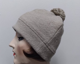 SALE Boiled wool, extra fine Italian merino wool, cables beanie with pom pom. Oatmeal, gender neutral, unisex. Free shipping in the US