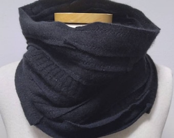 Pure Cashmere cowl scarf, neck warmer, recycled, black, unisex. FREE SHIPPING in the US