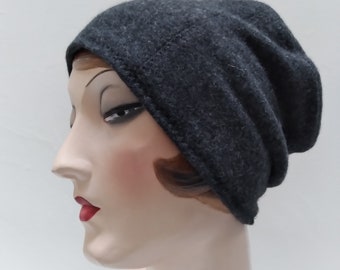 Pure Cashmere Rollup hat, slouch beanie, charcoal, unisex.  FREE SHIPPING in the US