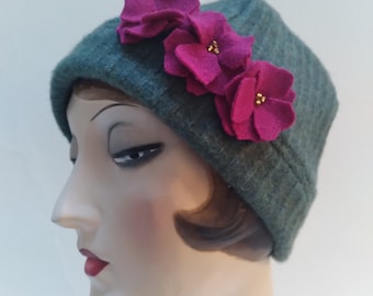 Pure Cashmere fleece beanie with flowers. Sage green ribbing.. Free shipping in US