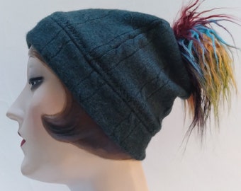 Pure Cashmere, green, cables, beanie with faux fur pom pom. Free shipping in US