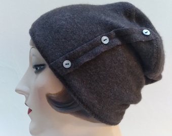 Pure Cashmere Rollup hat, slouch beanie, mocha brown, with buttons. Reversible. FREE SHIPPING in the US