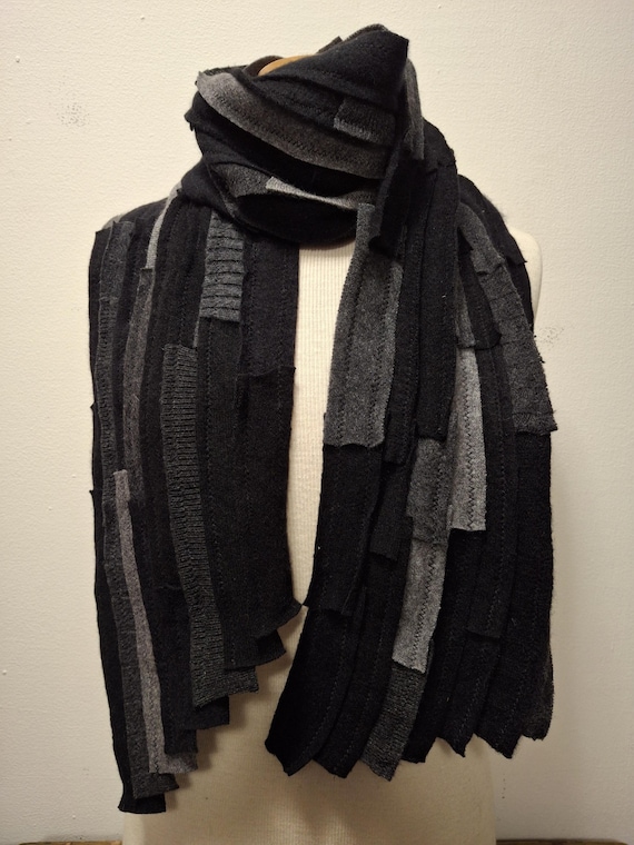 Cashmere scarf, unisex, recycled material, upcycled, black and greys, FREE  SHIPPING in the US