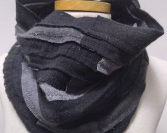 Pure Cashmere cowl scarf, neck warmer, recycled, black and multi gray,  unisex. FREE SHIPPING in the US