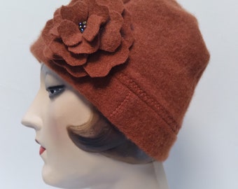 Pure Cashmere beanie with flower. Pumpkin, orange.. Free shipping in US