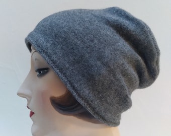 Pure Cashmere Rollup hat, slouch beanie, dark gray, unisex.  FREE SHIPPING in the US