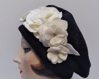 Boiled wool beret with felt flowers, free shipping in US