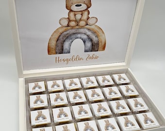 Schokobox Personalisiert Baby Motive in Weiß, Gold , Silber, Rosa oder Hellblau für ,Verlobungen,Babyshower, Kindergeburtstag - Gastgeschenk