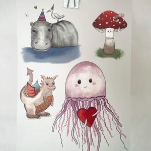 Bügelbild, Bügelbilderset Affirmationen A, Qualle, Drache, Fliegenpilz, Kinder Illustrationen, Bügelbilder für Kinder, Kinderkleidung DIY