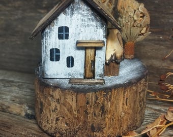 Handmade home accent.Rustic home decor.Vintage country decor.Farm house miniature.Muniature wooden house.Unique gift idea.Wooden cottage.