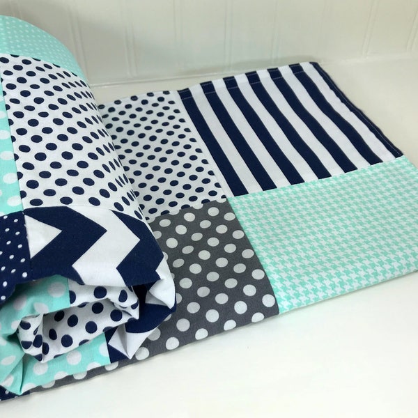 Minky Baby Boy Blankets, Baby Shower Gift, Patchwork Minky Baby Blanket - Navy Blue and Mint with Gray