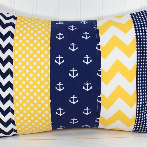 Nautical Pillow Cover, Nursery Decor, Cushion Cover, Throw Pillows, Decorative Pillows, 12 x 16, Navy Blue Yellow White Anchor Baby Boy