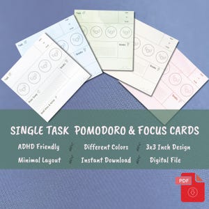 May include: A collection of single-task Pomodoro and focus cards in various pastel colors. Each card features a task section, break reminders, and space for notes. The design is 3x3 inches and includes the text "SINGLE TASK POMODORO & FOCUS CARDS".