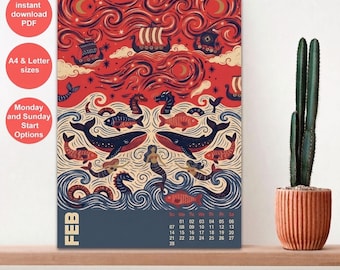 May include: A 2027 wall calendar page for February featuring a red and blue illustration of Viking ships, whales, fish, and mermaids amidst swirling waves and starry skies. The text includes 'FEB' and the calendar dates for the month.