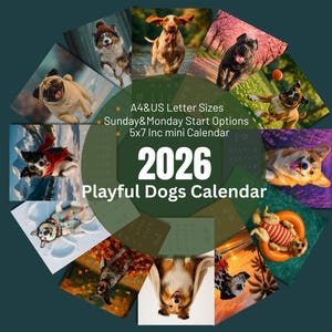 May include: A 2026 calendar featuring various playful dogs in action. The calendar includes options for A4 & US Letter sizes, Sunday & Monday start dates, and a 5x7 inch mini calendar. The title "Playful Dogs Calendar" is displayed prominently.